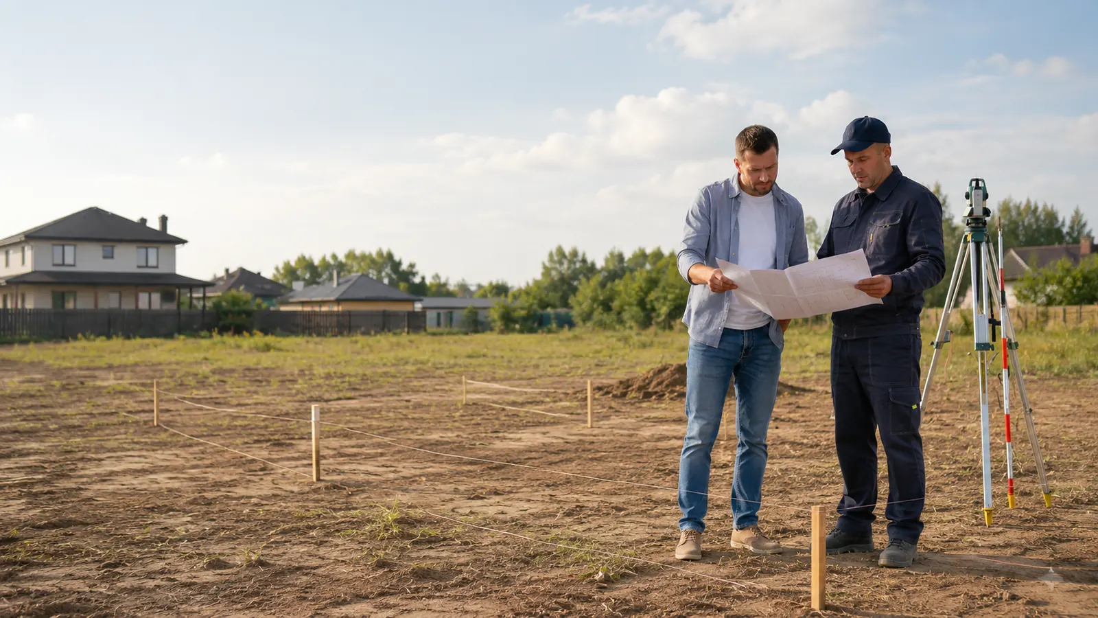 Клиент и специалист обсуждают план границ на размеченном участке